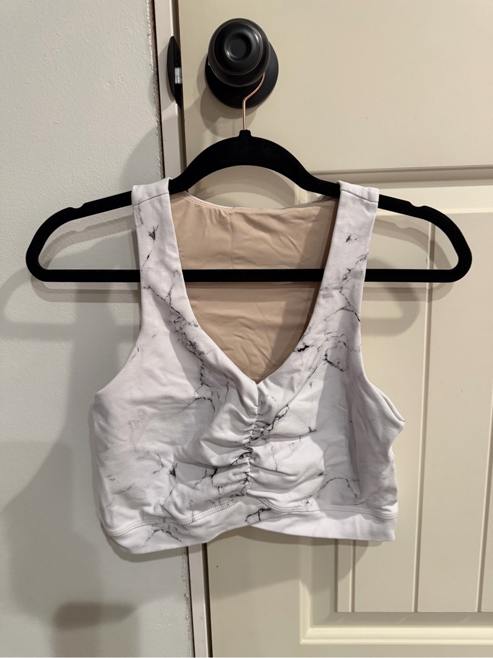 BuffBunny White Marble Ruched V-Neck Crop Top
